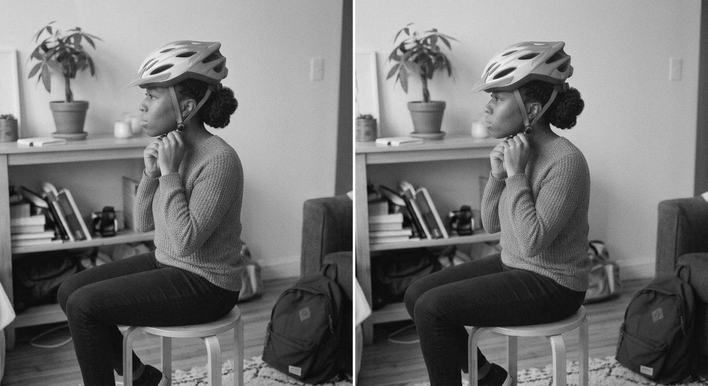 Rider whose helmet sits high, exposing the base of the skull