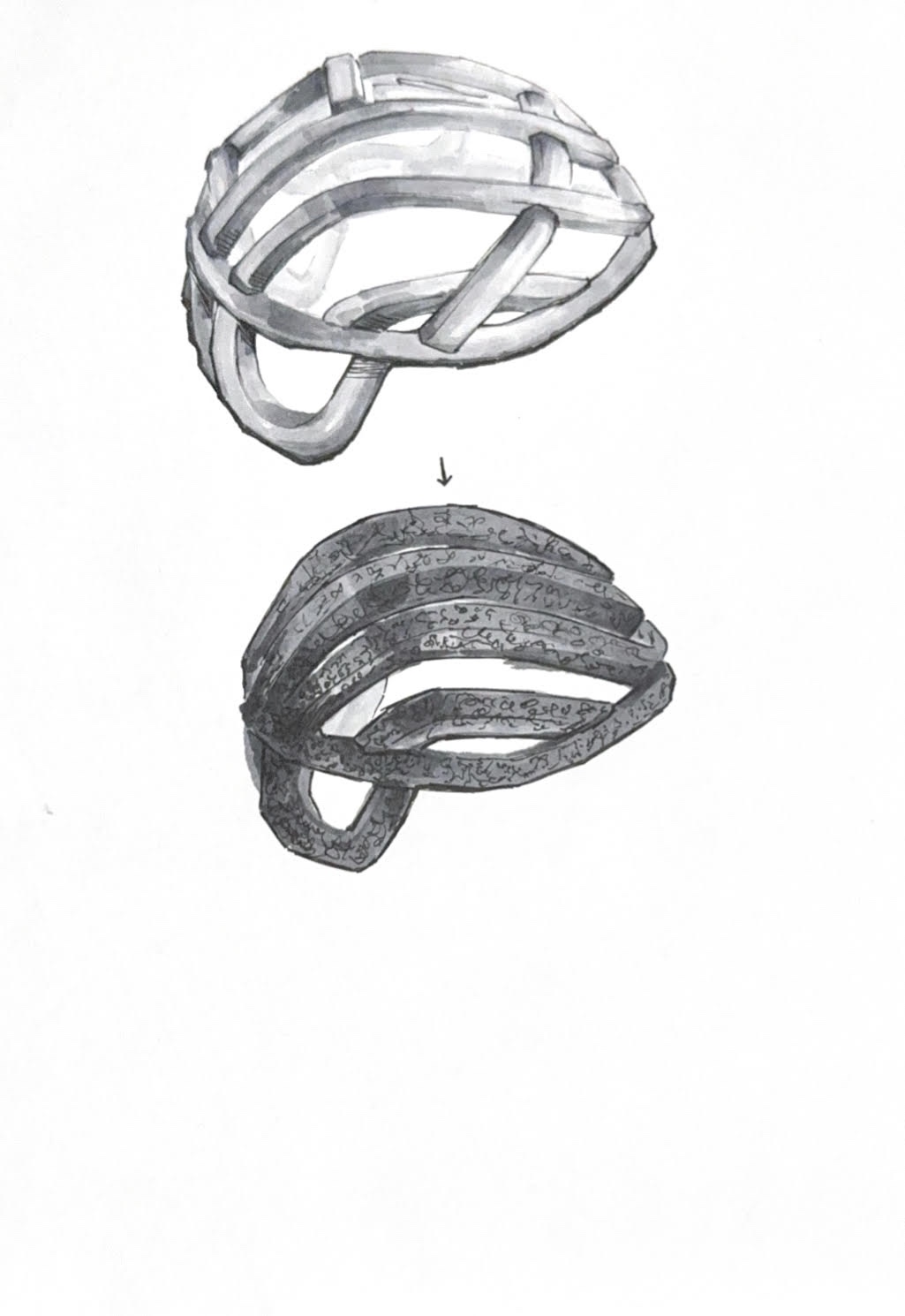 Annotated sketch of the final helmet design