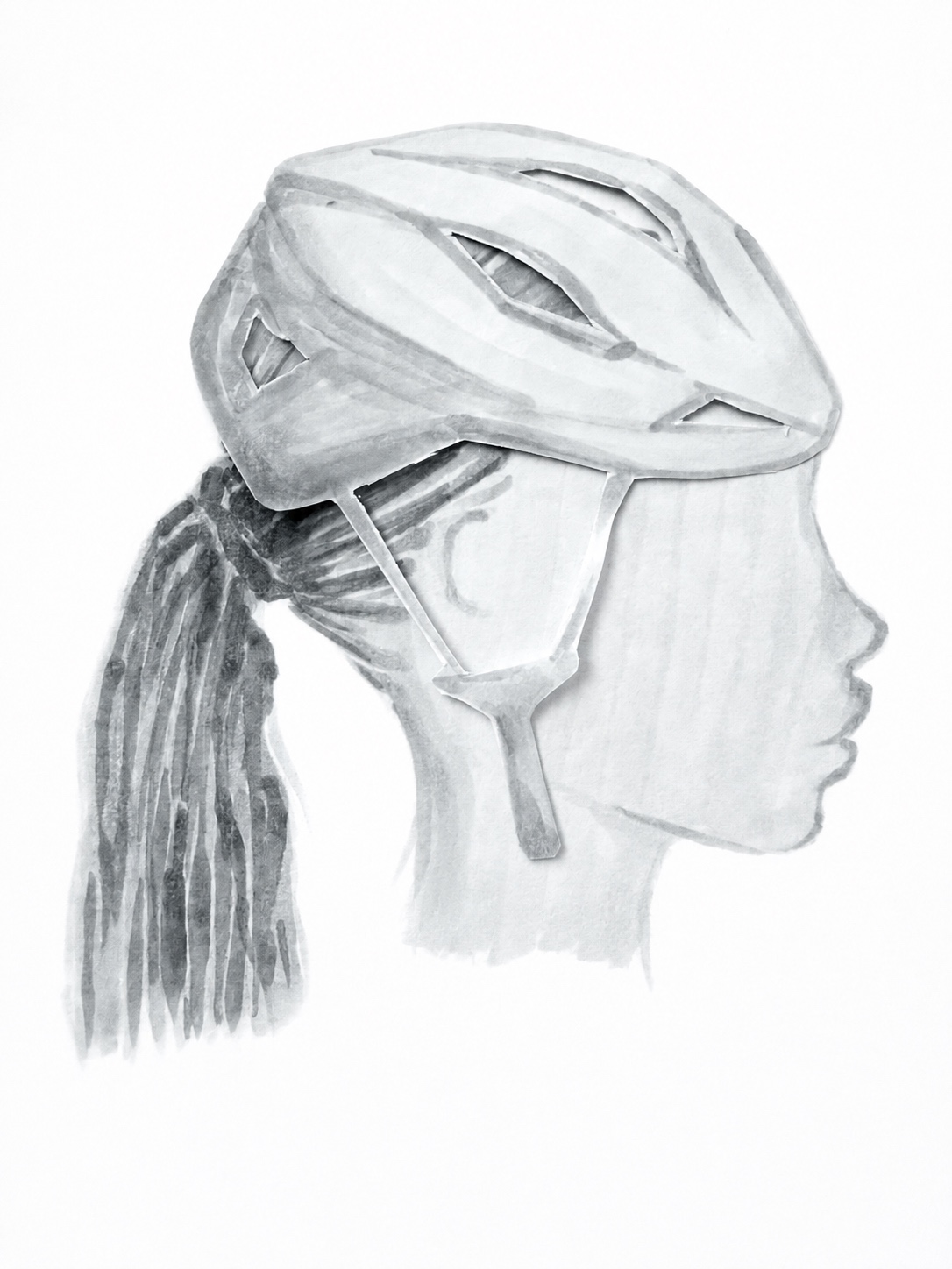 Sketch of a helmet gaping over dense hair