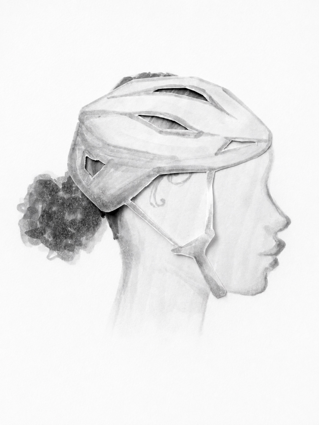 Sketch of a standard helmet on a rider with a bun