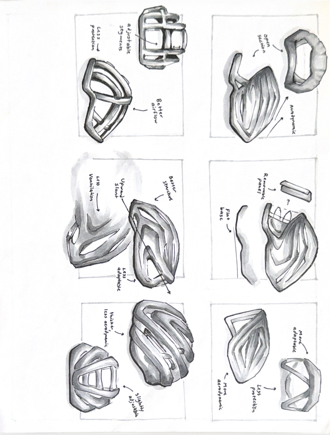 Six concept sketches of helmet designs
